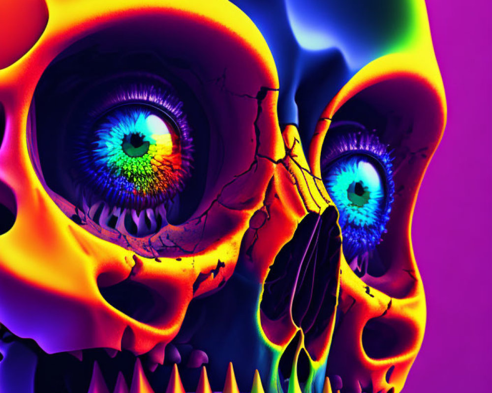 Colorful neon human skull art with intense blue eyes
