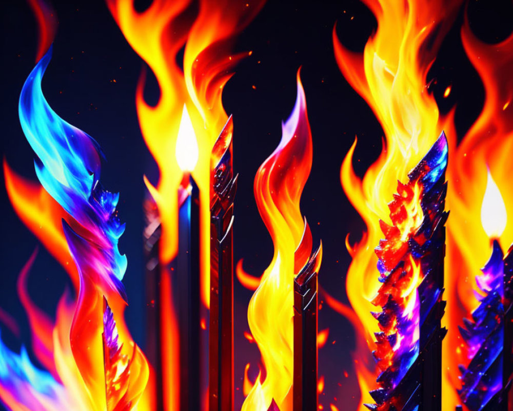 Colorful Flames Dance Around Matchsticks on Dark Background