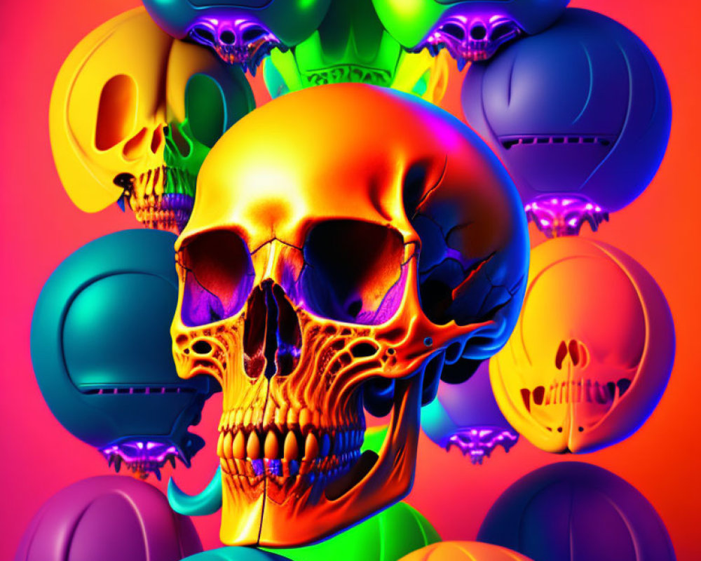 Colorful Skull Digital Artwork with Glowing Effect on Neon Background