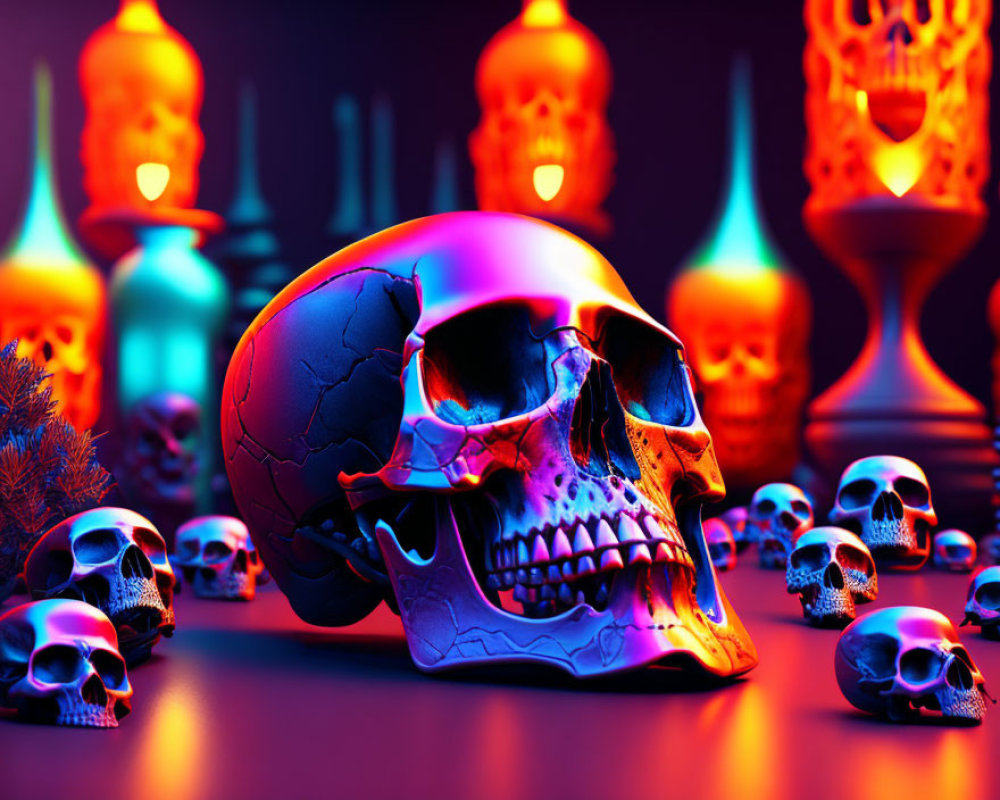Vibrant digital artwork: large cracked skull surrounded by smaller skulls and glowing lanterns