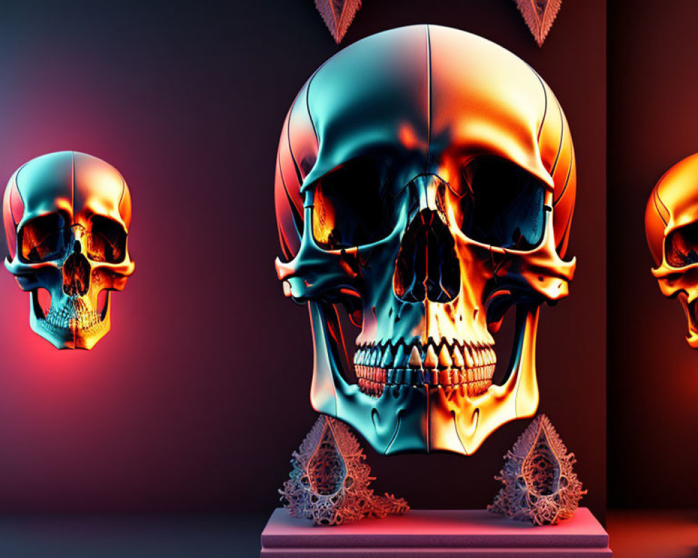 Detailed 3D rendering of large skull with glowing eyes and geometric patterns on dark red backdrop