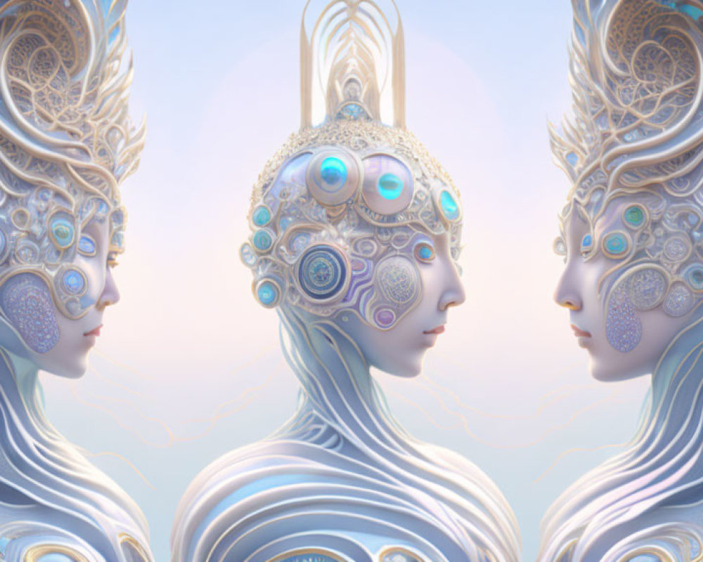 Ethereal beings with ornate headpieces in pastel hues