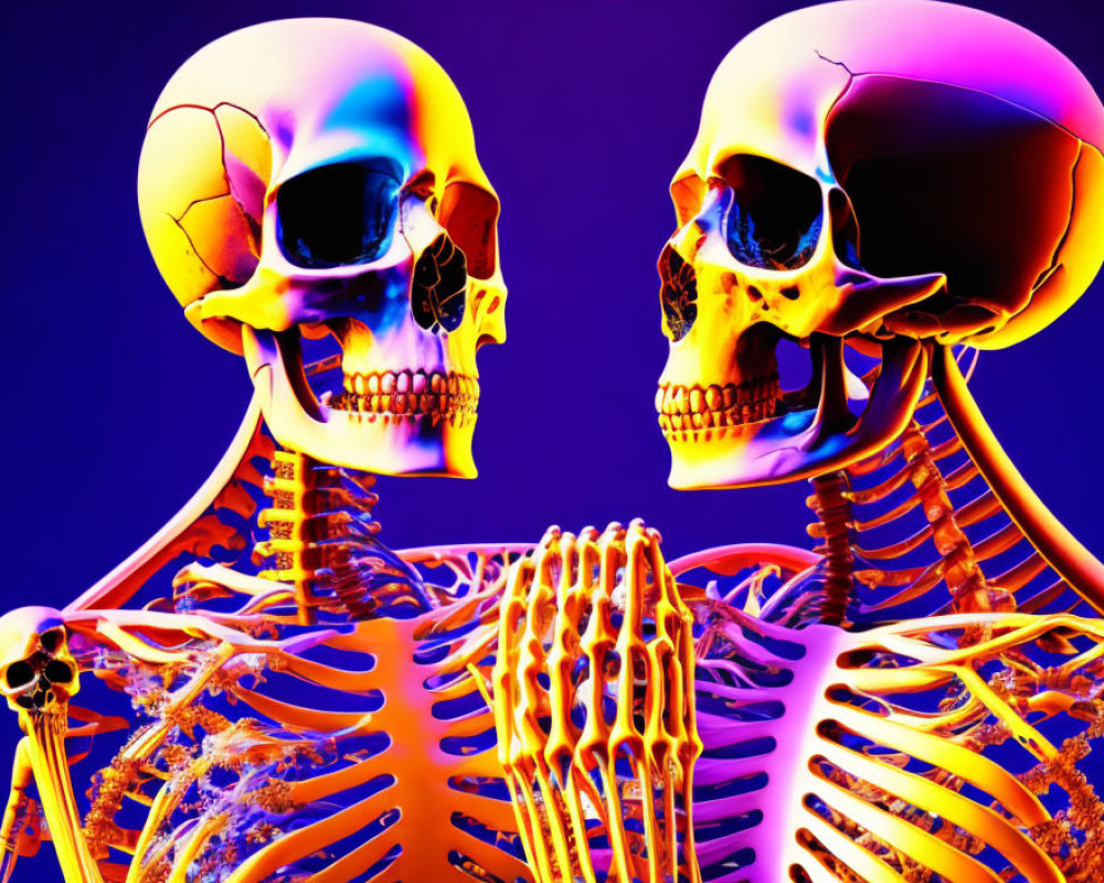 Vibrant purple and yellow lit human skeletons in surreal scene