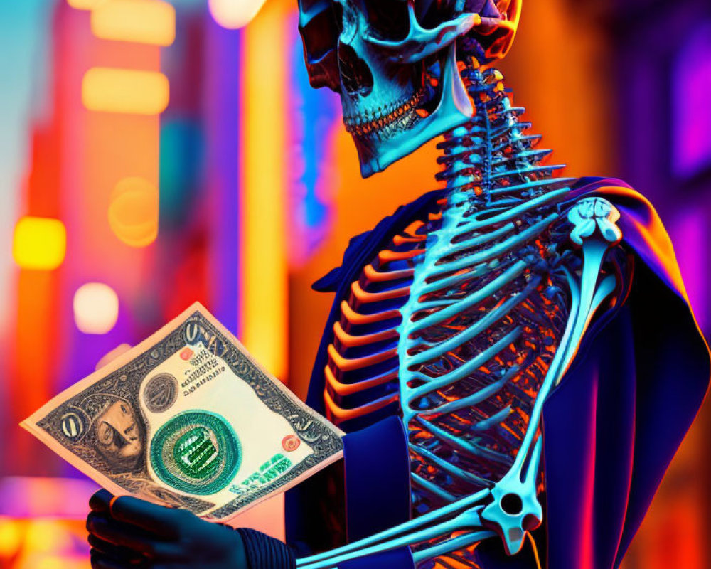 Colorful artwork: Skeleton with neon outline and dollar bill in vibrant city.