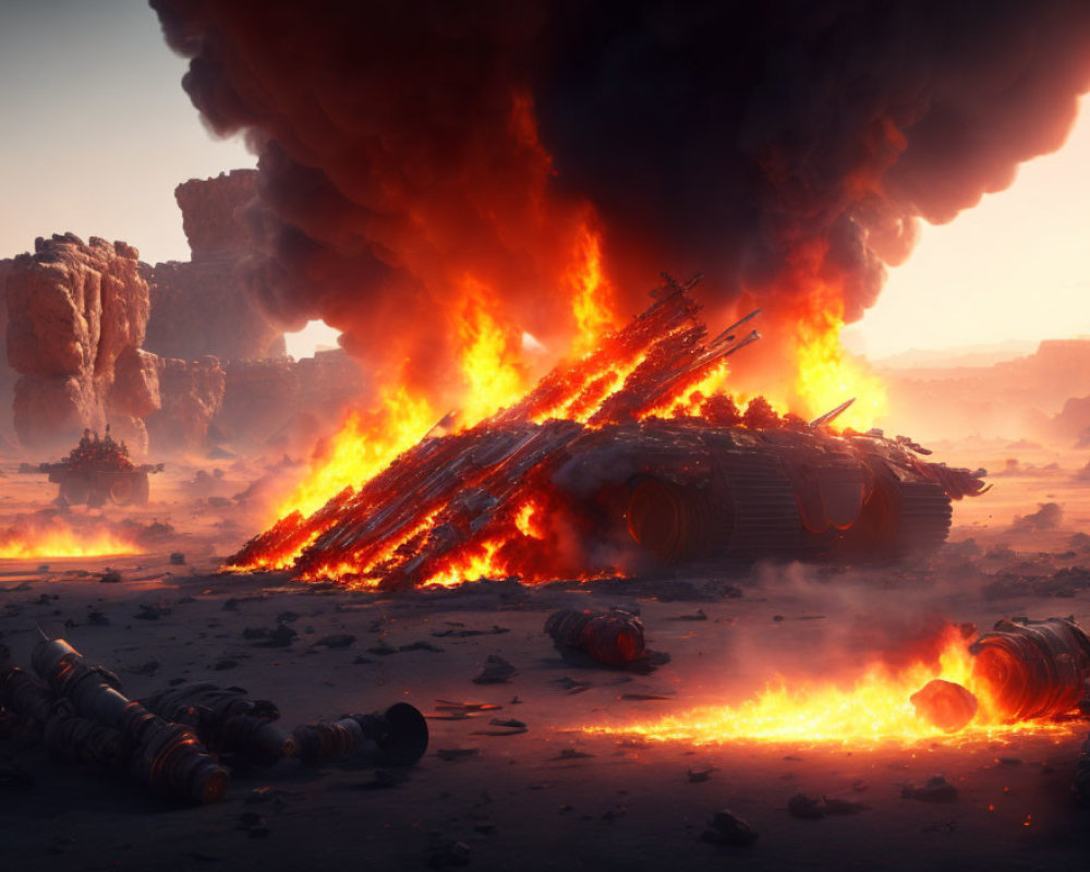 Futuristic burning spaceship wreckage in desolate rocky landscape