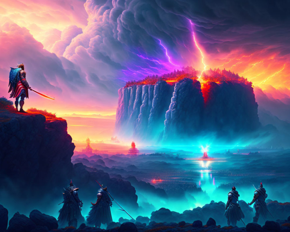 Warriors in fantastical landscape with floating mountain, vibrant sky, and lightning.
