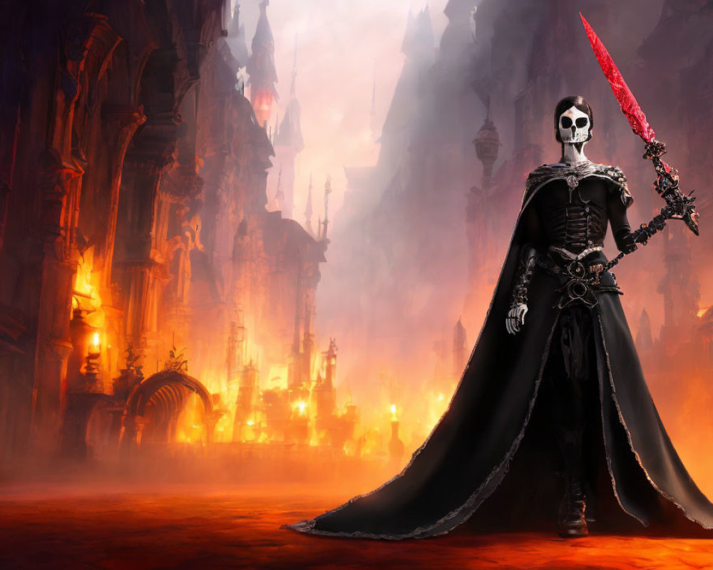 Sinister skeleton in black armor wields red sword in gothic cityscape.