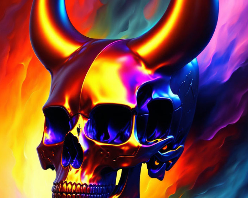 Colorful Skull with Horns Surrounded by Swirling Flames Illustration