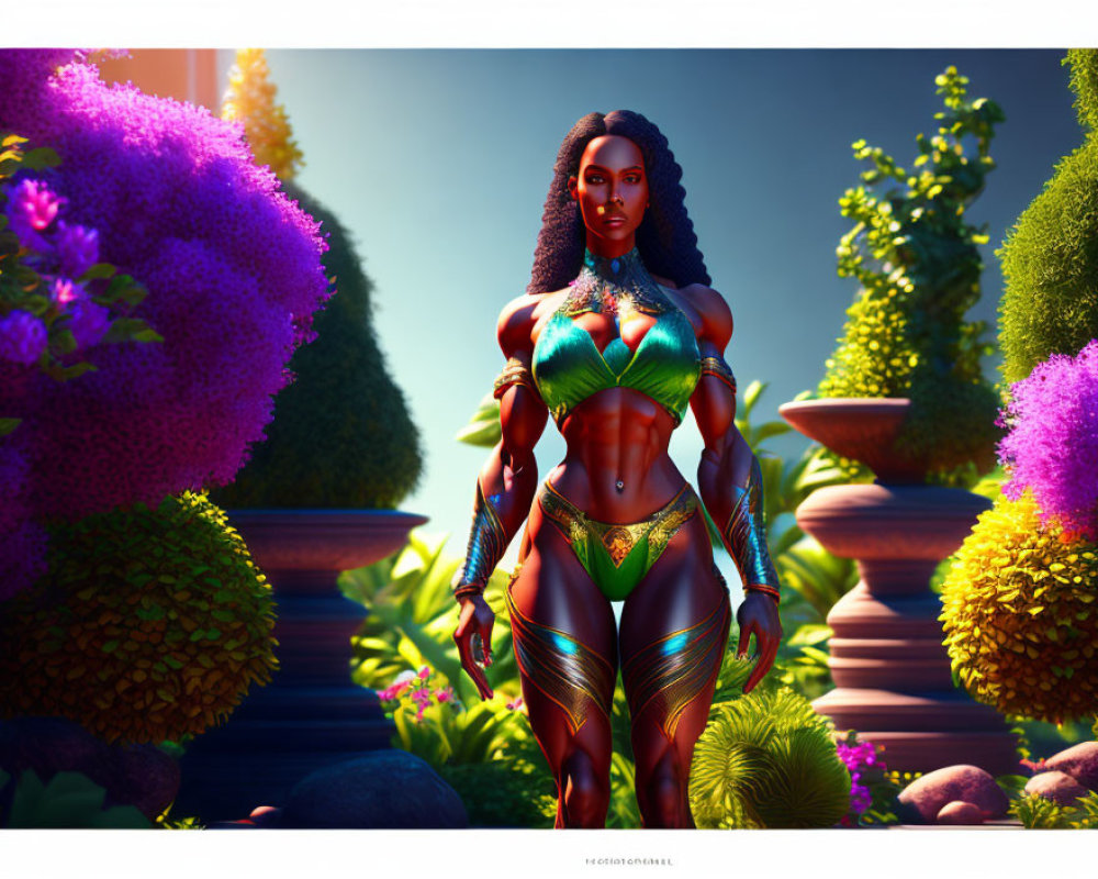 Digital artwork: Powerful woman in futuristic outfit in lush garden