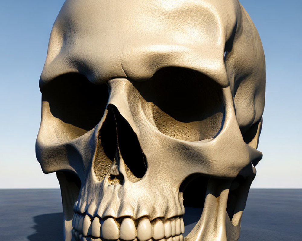 Smooth-surfaced human skull 3D rendering against clear blue sky