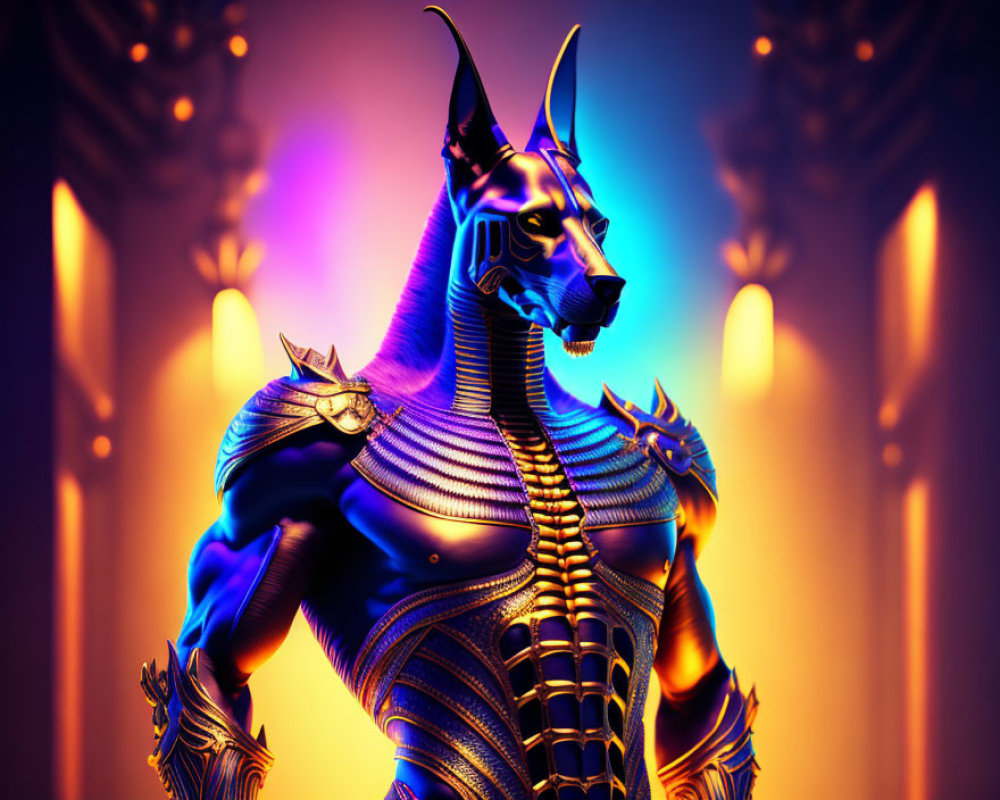 Stylized digital artwork of Anubis-inspired character in golden armor on warm gradient background