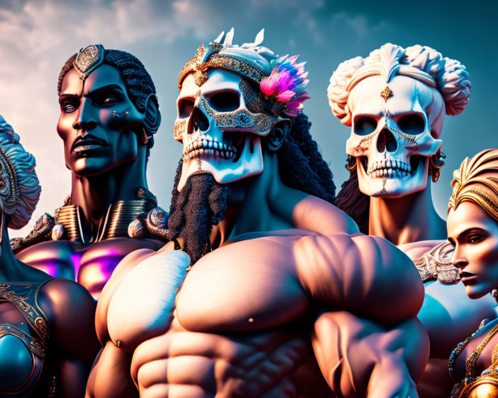 Stylized characters with skull-like faces and elaborate headdresses against a blue sky