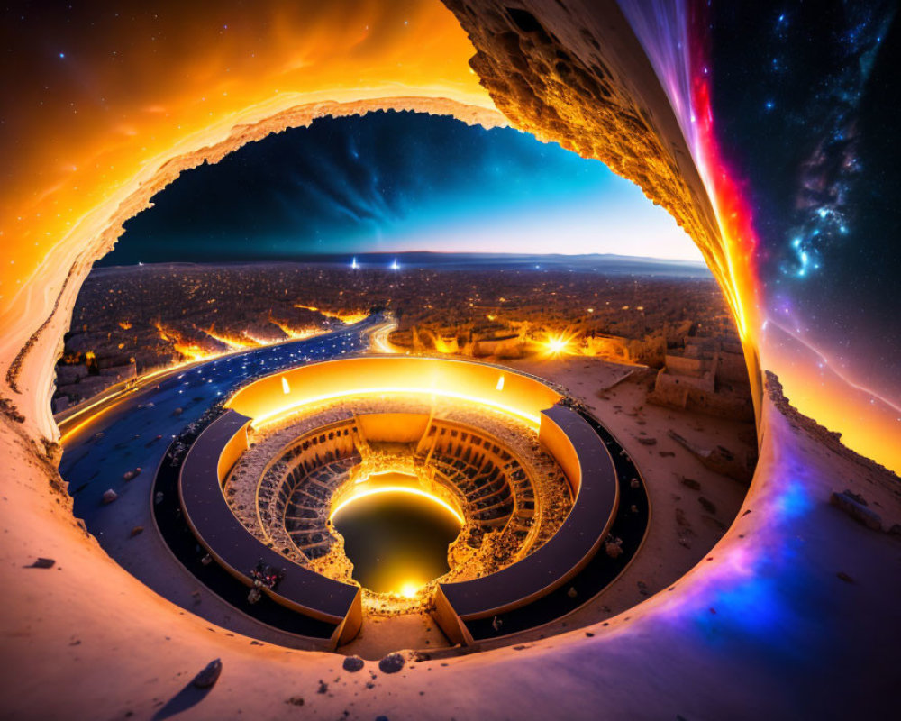 Circular structure under starry desert sky with fisheye lens - captivating!