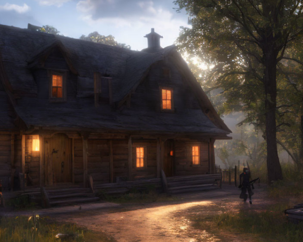 Rustic cabin at dusk with person and tall trees