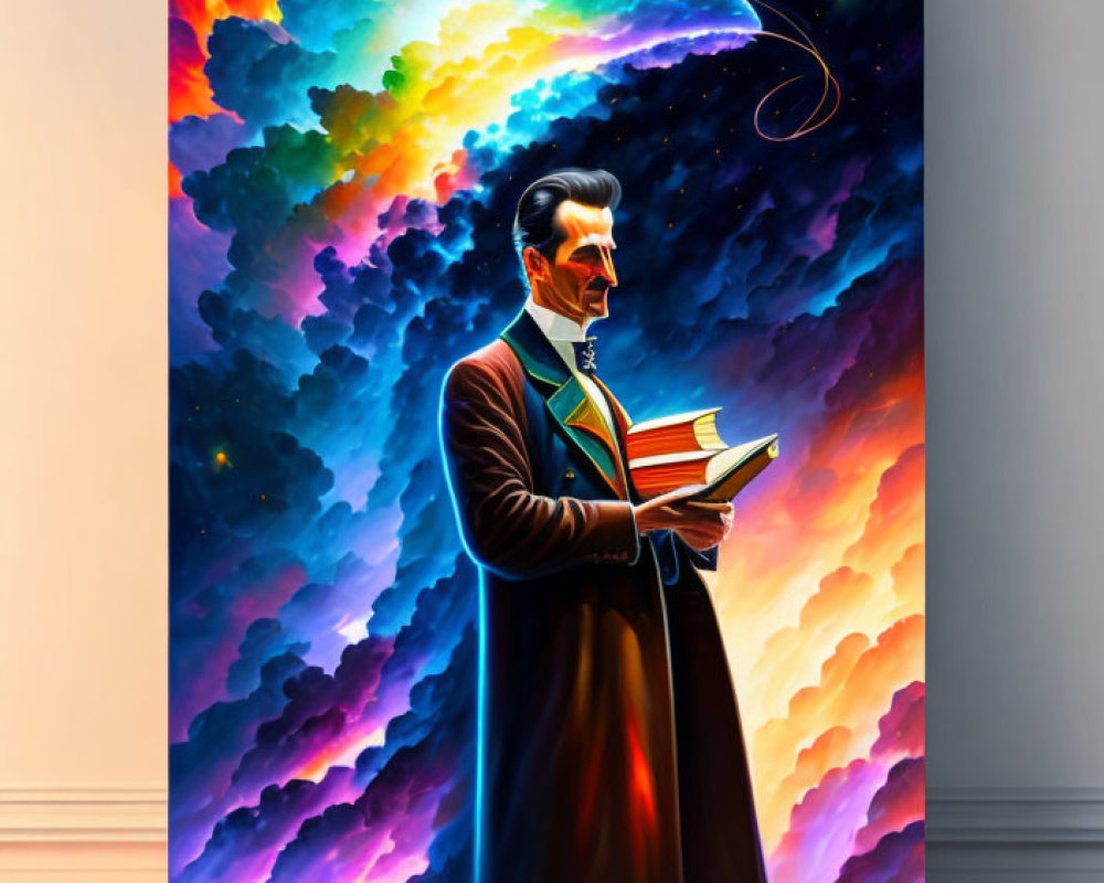 Colorful painting of man reading book under cosmic cloud