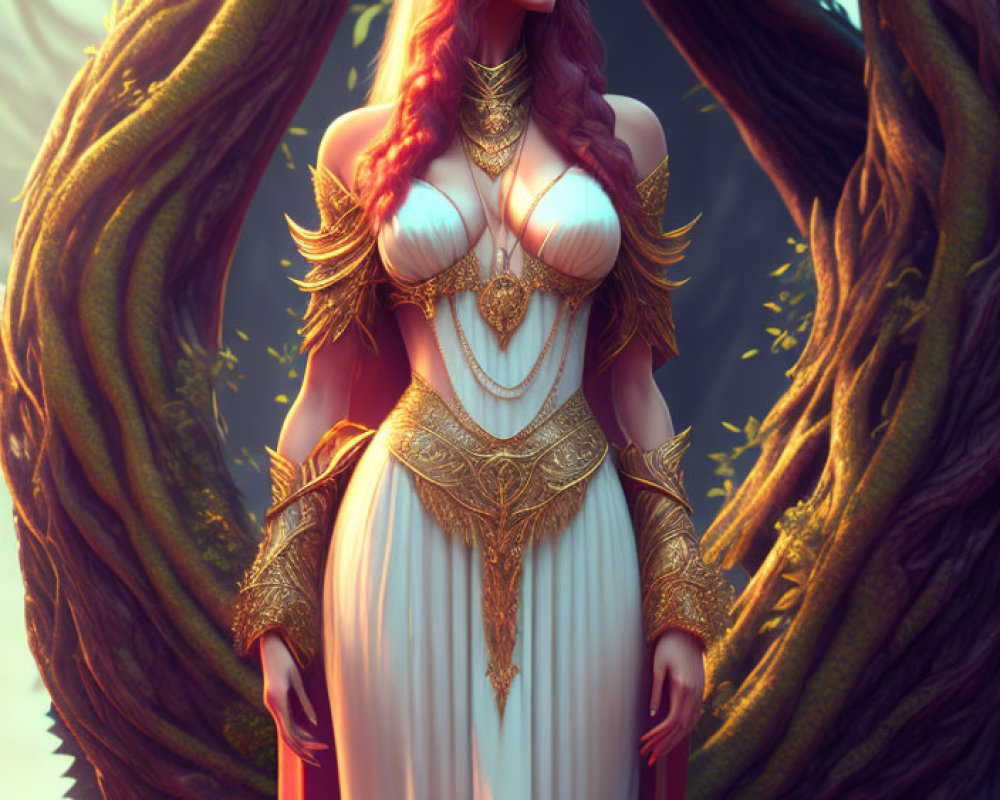 Regal fantasy character in golden armor with horned headpiece and flowing gown among twisted trees