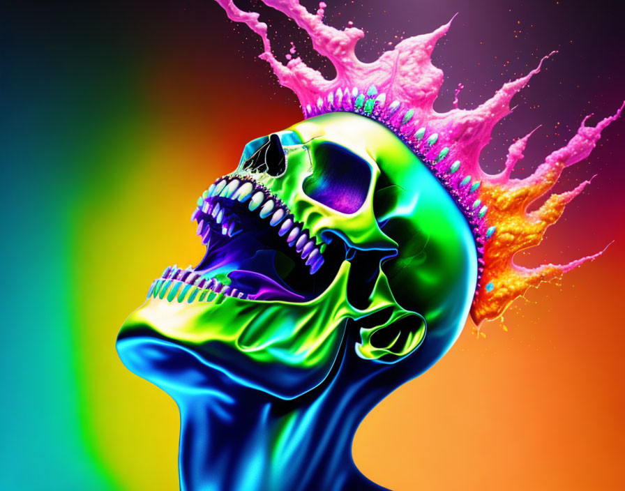 Multicolored digital artwork of human skull with liquid splash effect on rainbow gradient background