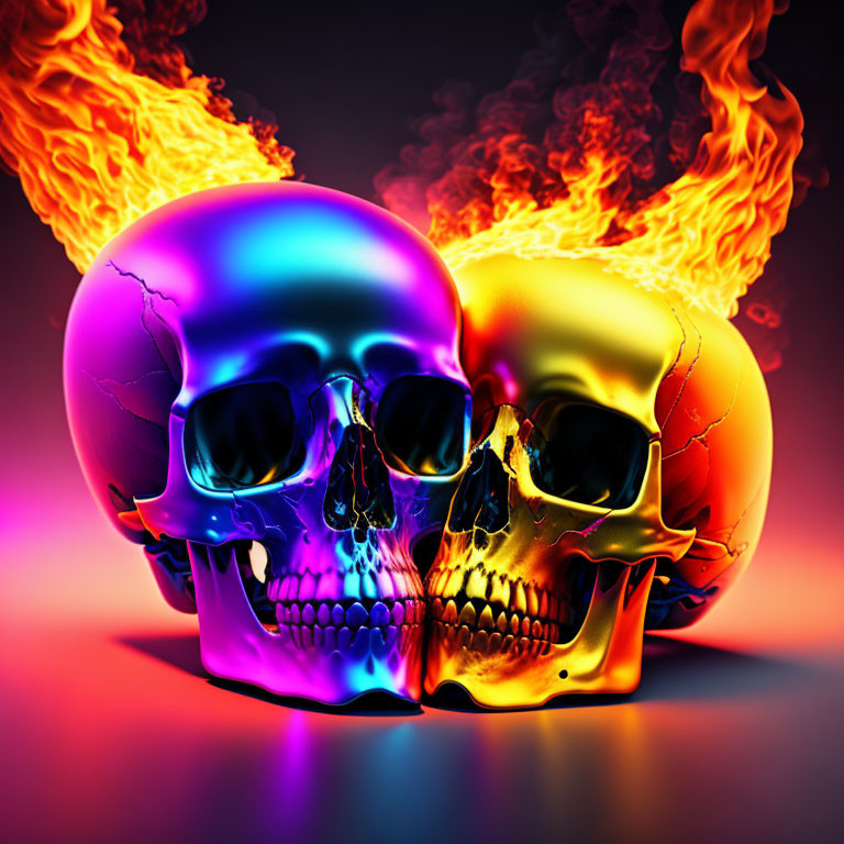 Vivid neon-lit skulls on dark backdrop
