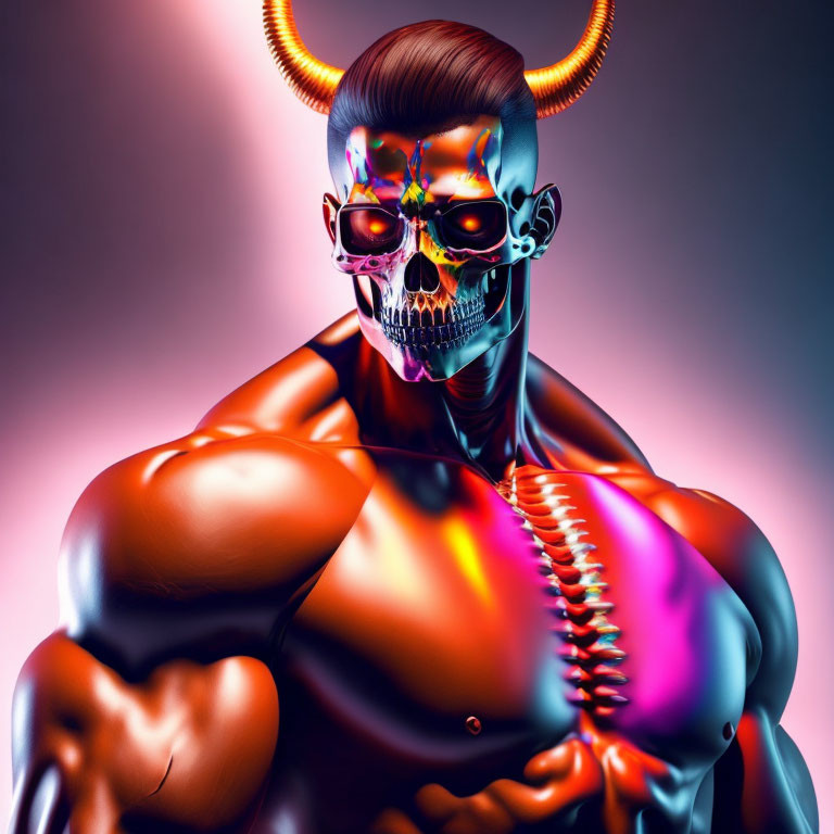Muscular figure with skull face and glowing eyes in digital artwork