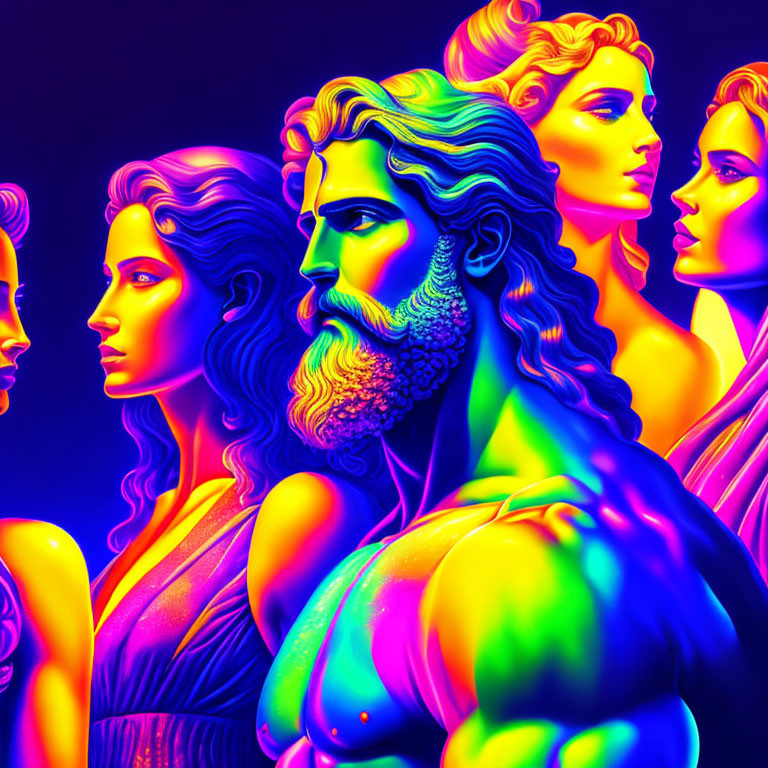 Neon-colored digital artwork of four classical Greek-style busts
