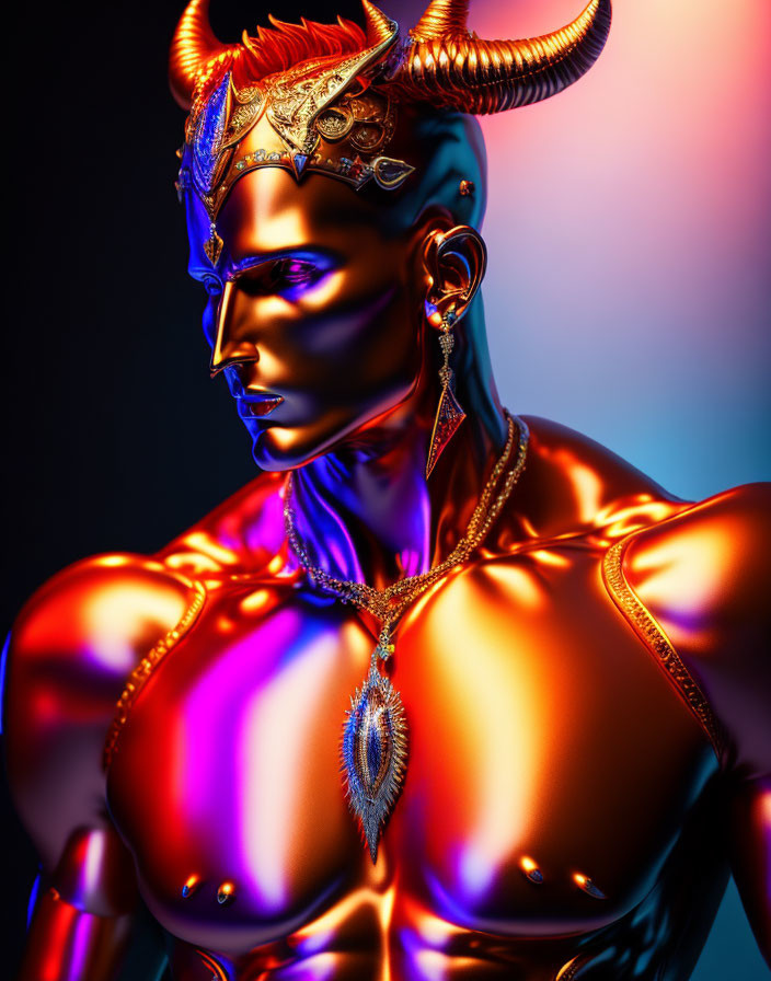 Vibrant portrait of person with horns and ornate headpiece in blue and red lighting