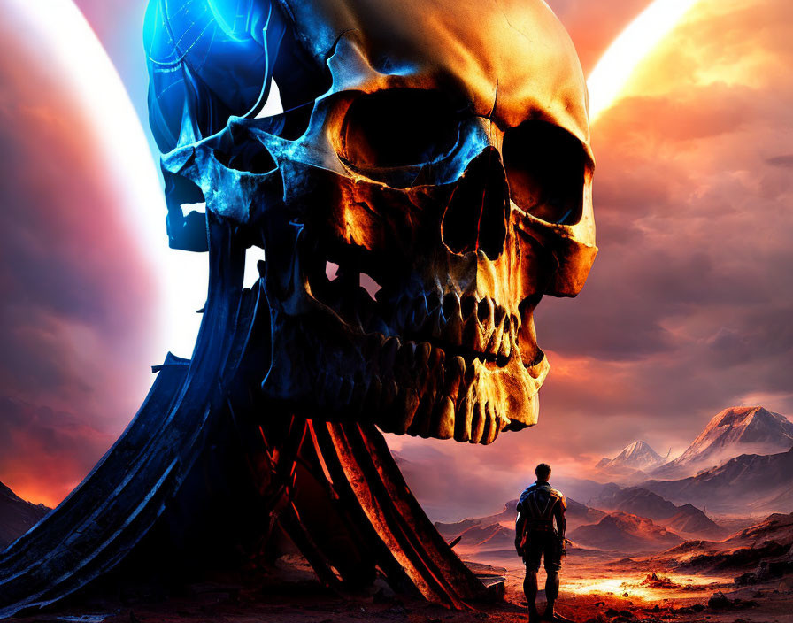 Gigantic skull and surreal structure in dystopian landscape
