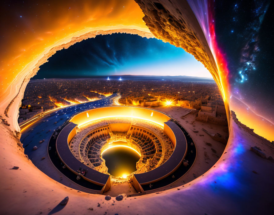 Circular structure under starry desert sky with fisheye lens - captivating!