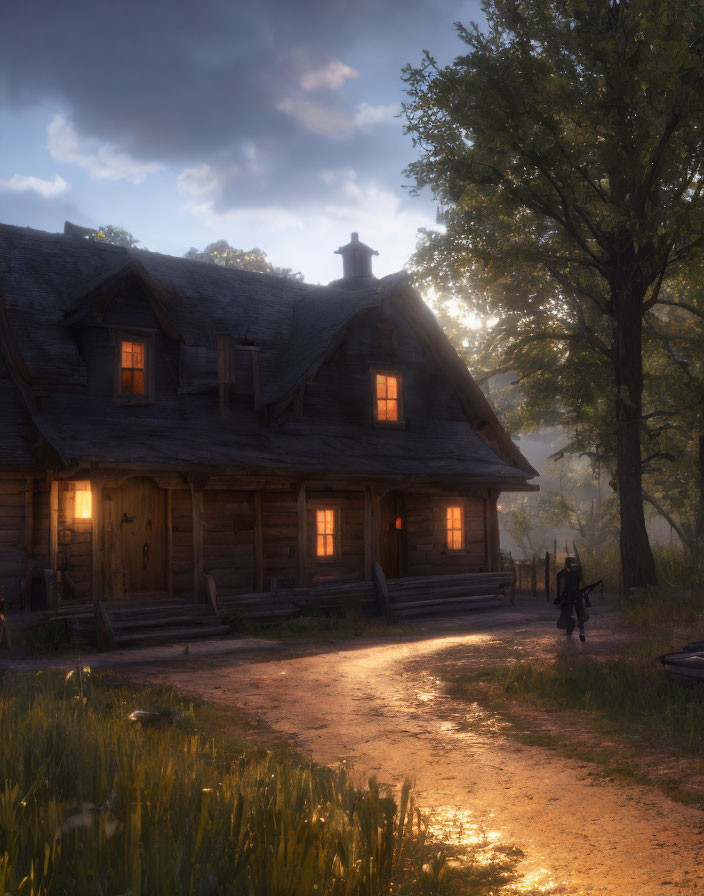 Rustic cabin at dusk with person and tall trees