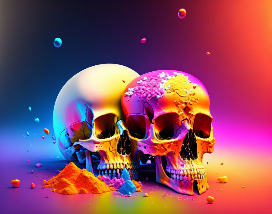 Vibrant multicolored background with human skulls and paint splashes.
