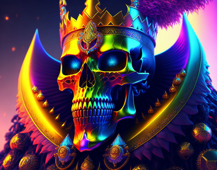 Neon-colored skull with golden crown and decorative elements