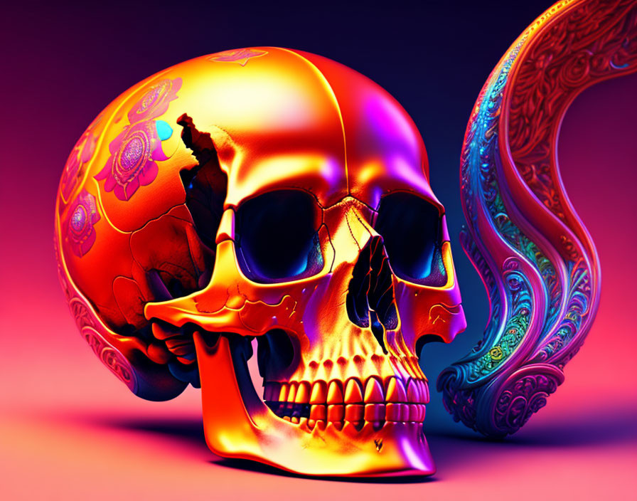 Colorful skull with intricate patterns on neon background and swirling design