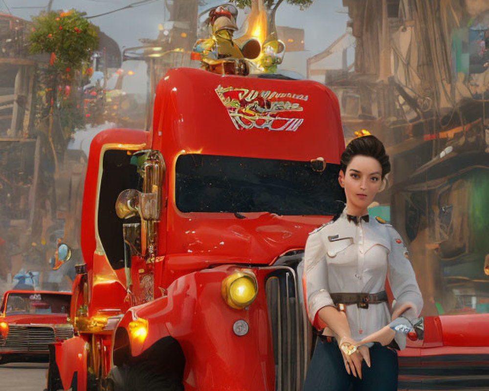 Futuristic mechanic woman by red classic truck in vibrant street