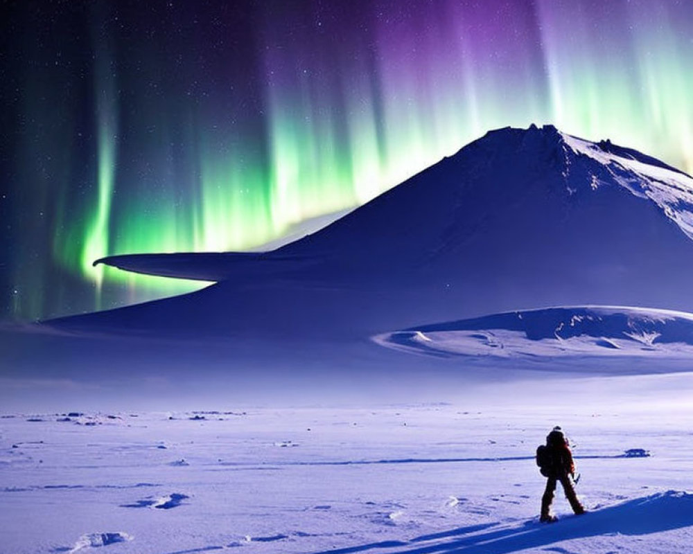 Solitary figure in snowy landscape under Aurora Borealis