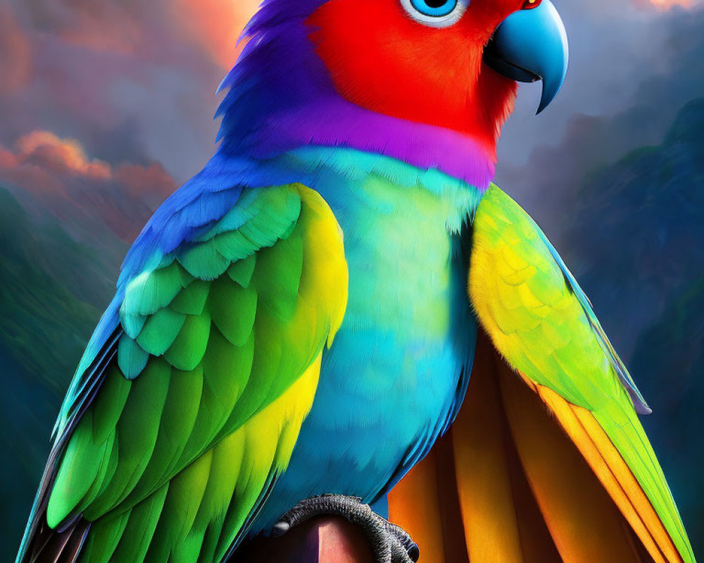 Colorful Parrot with Red Head and Blue-Green Plumage on Dramatic Sky Background