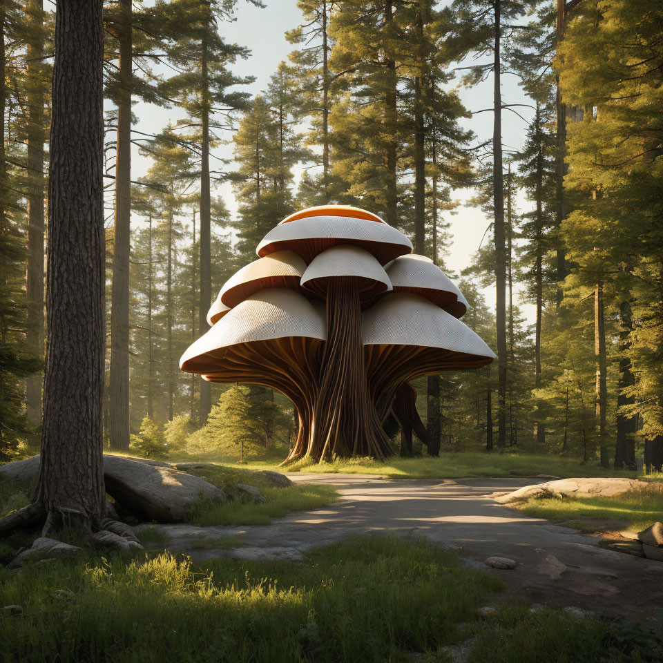 Oversized mushroom structure in sunlit forest with tree trunk base