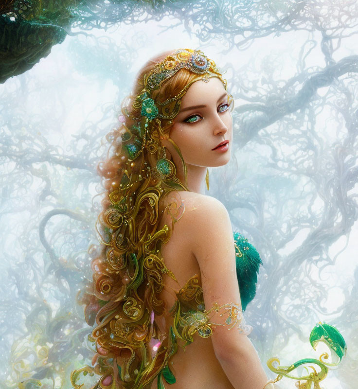Illustrated fantasy female character with ornate gold-and-emerald headpiece in ethereal forest