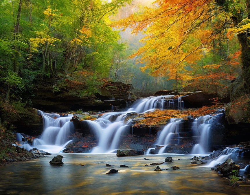 Vibrant autumn forest with cascading waterfall and sunlight filtering through foliage