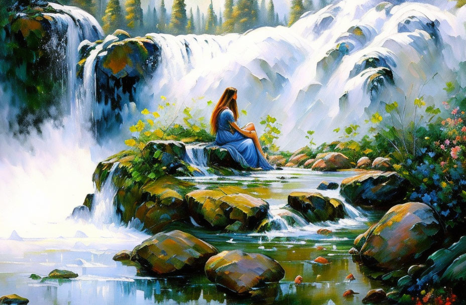 Woman in Blue Dress Contemplating by Vibrant Waterfall