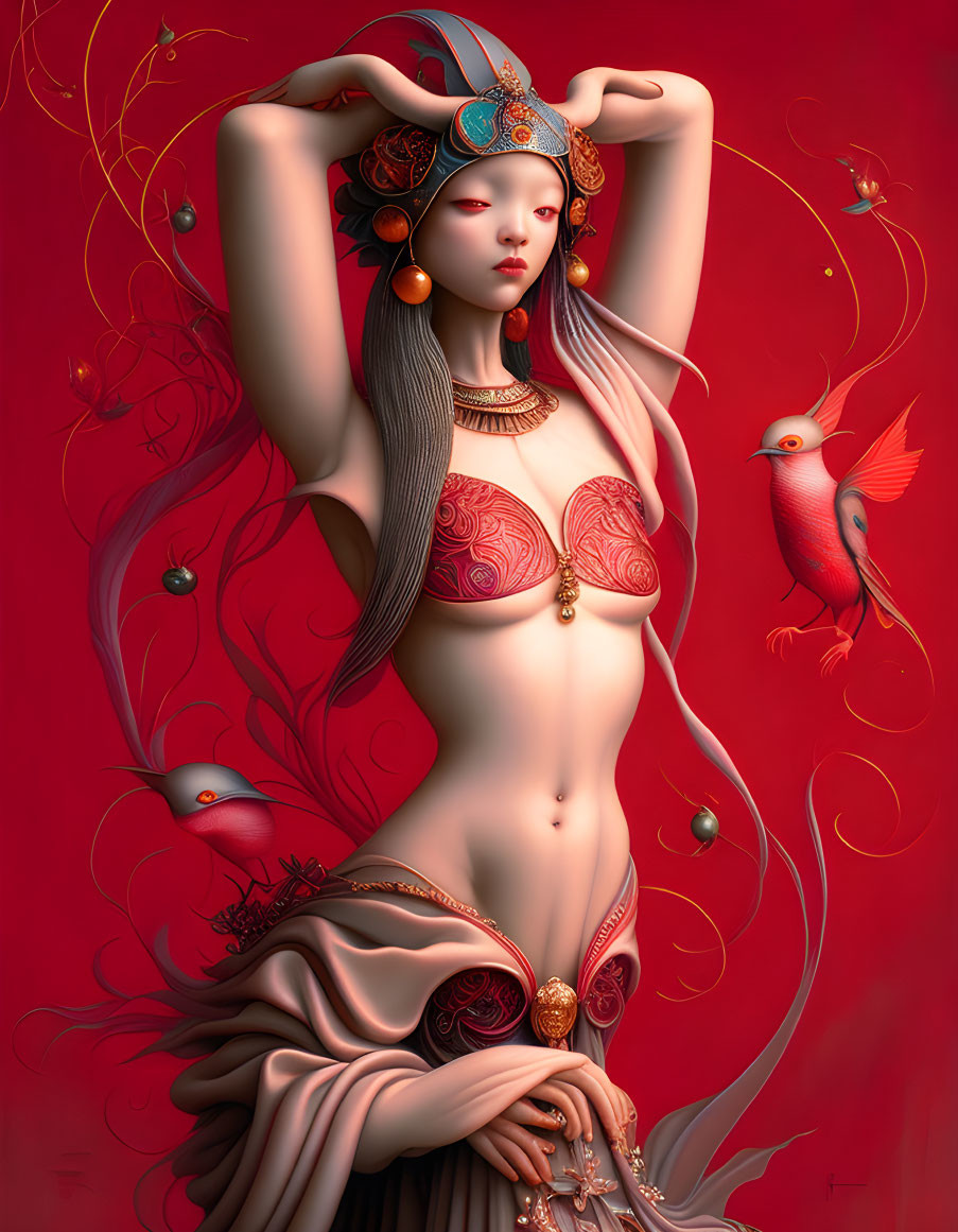 Stylized illustration of woman in ornate attire with flowing hair and red birds on vibrant red backdrop