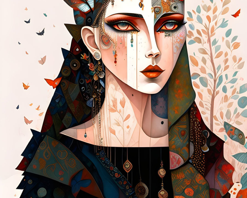 Detailed illustration of woman in ornate headgear and makeup amid stylized nature in red, orange,