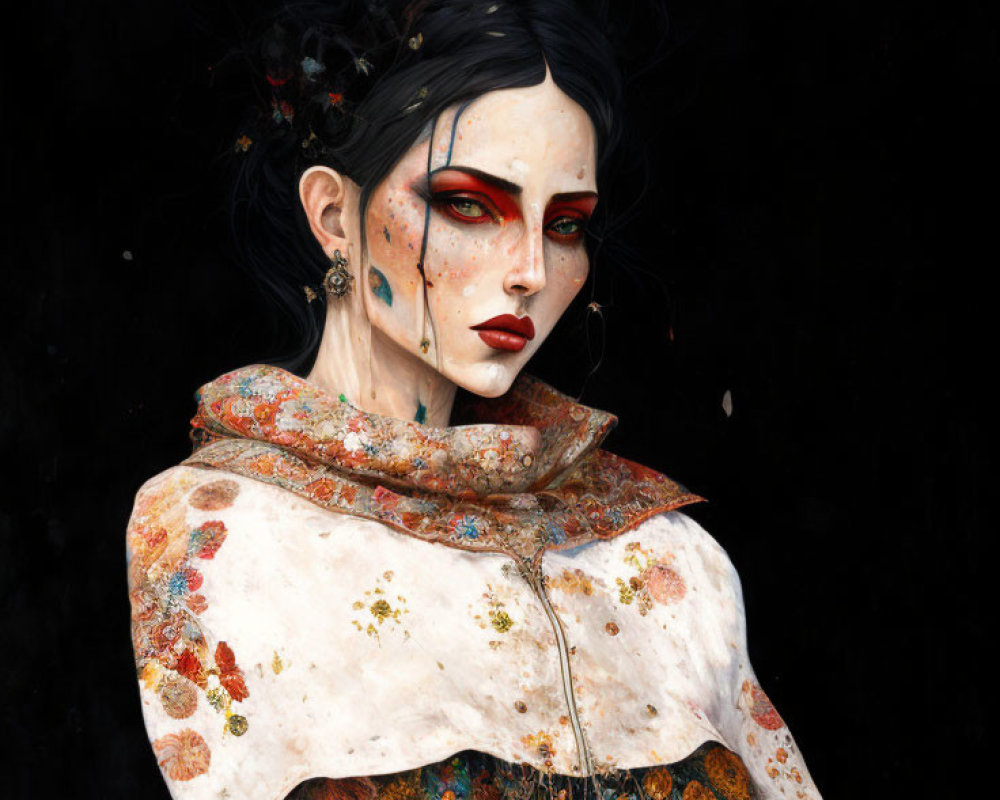 Gothic-inspired woman with pale skin and red eye makeup in ornate floral garment
