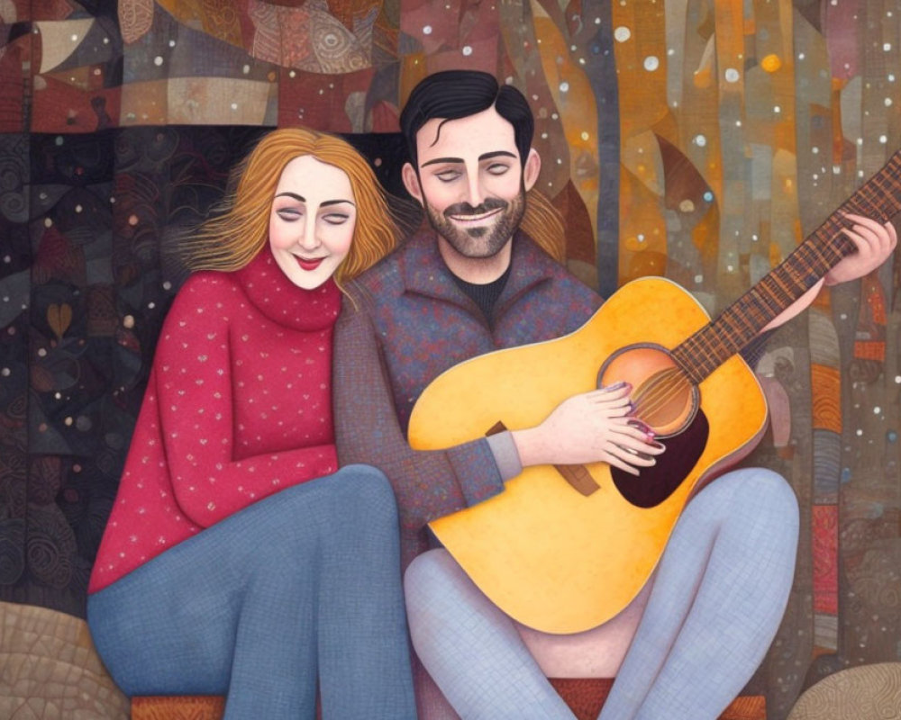 Happy couple in illustration playing guitar, woman leaning on man, smiling, with patterned background.
