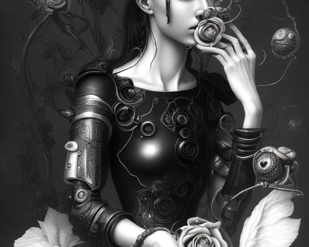 Monochromatic image of female figure with cybernetic enhancements and floral motif