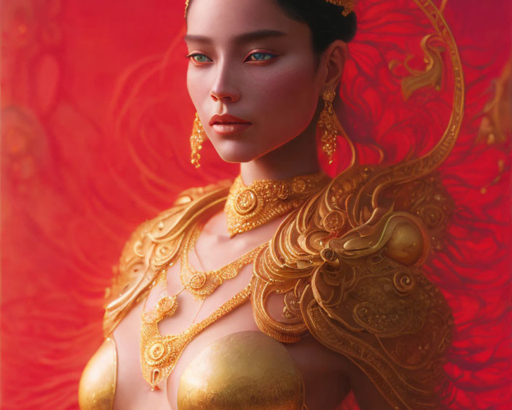 Stylized portrait of a woman in gold jewelry against fiery red backdrop