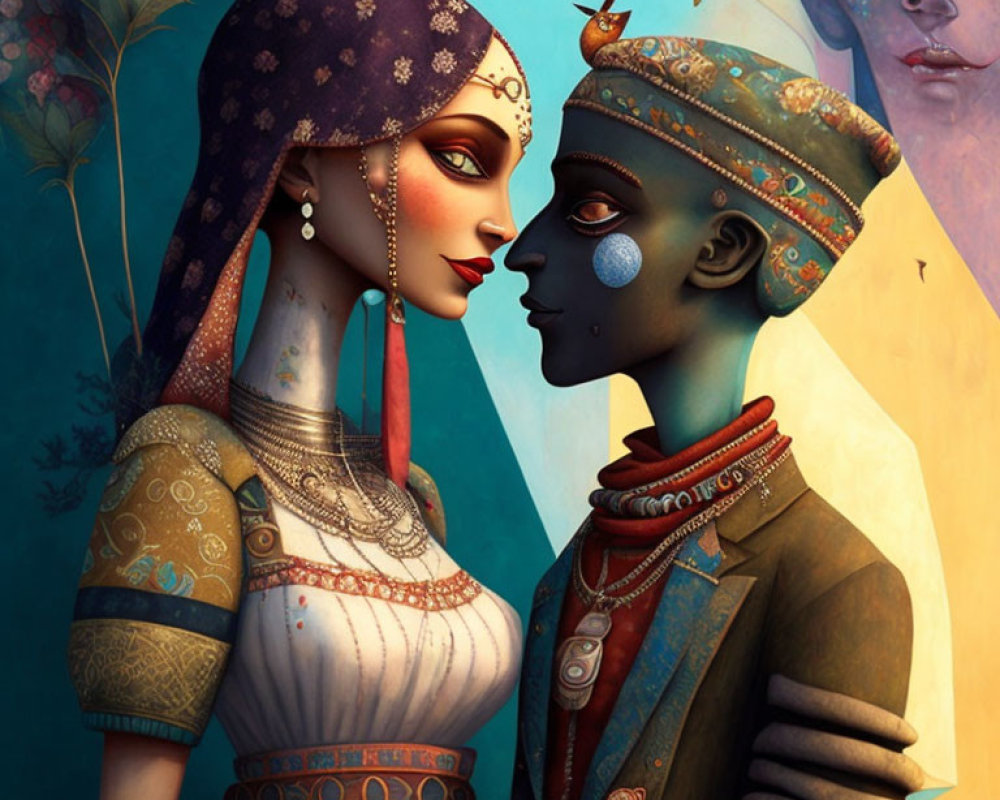 Stylized characters in regal attire with intricate face paint in intimate moment