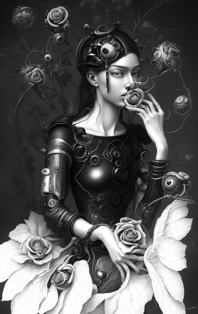 Monochromatic image of female figure with cybernetic enhancements and floral motif