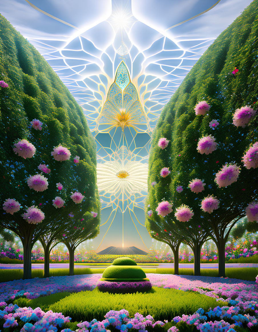 Symmetrical garden with blooming trees and geometric light structure