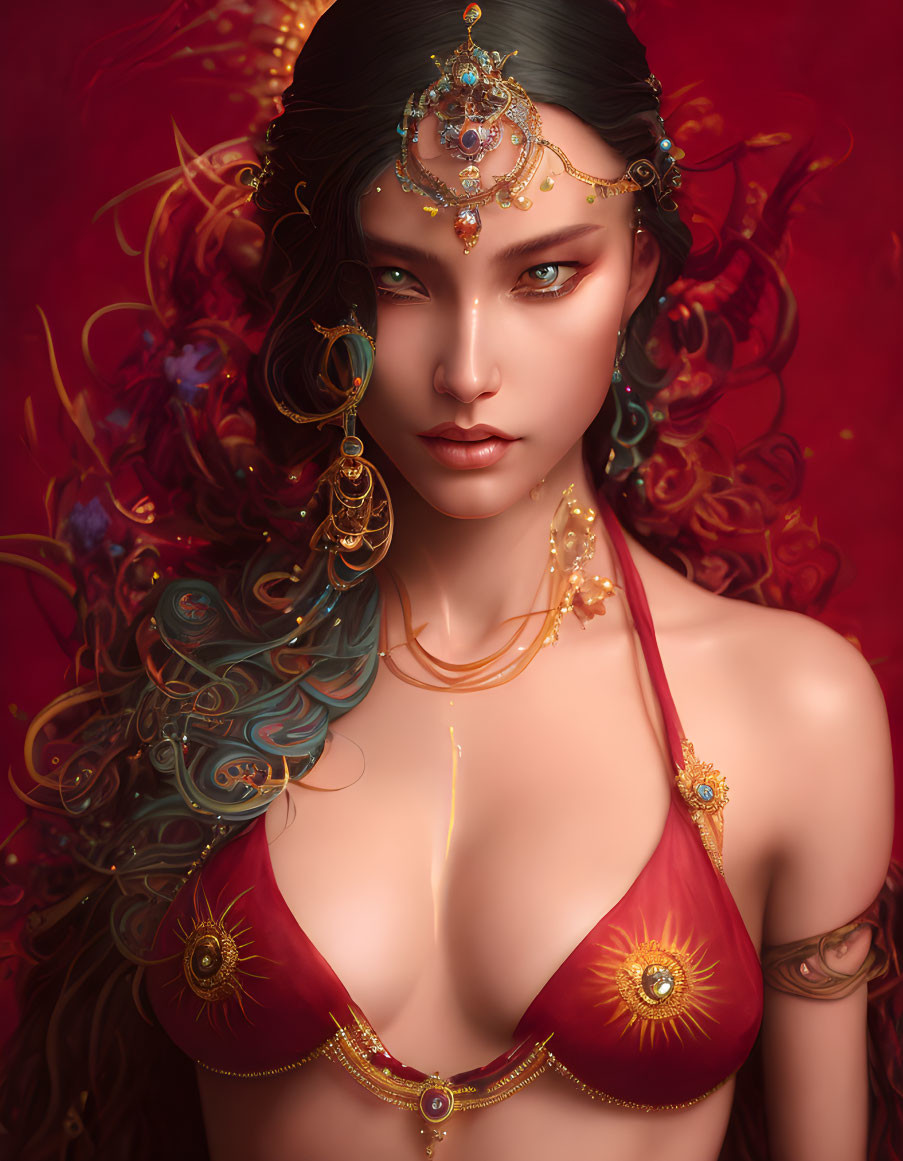 Portrait of Woman with Striking Features and Golden Jewelry on Red Background