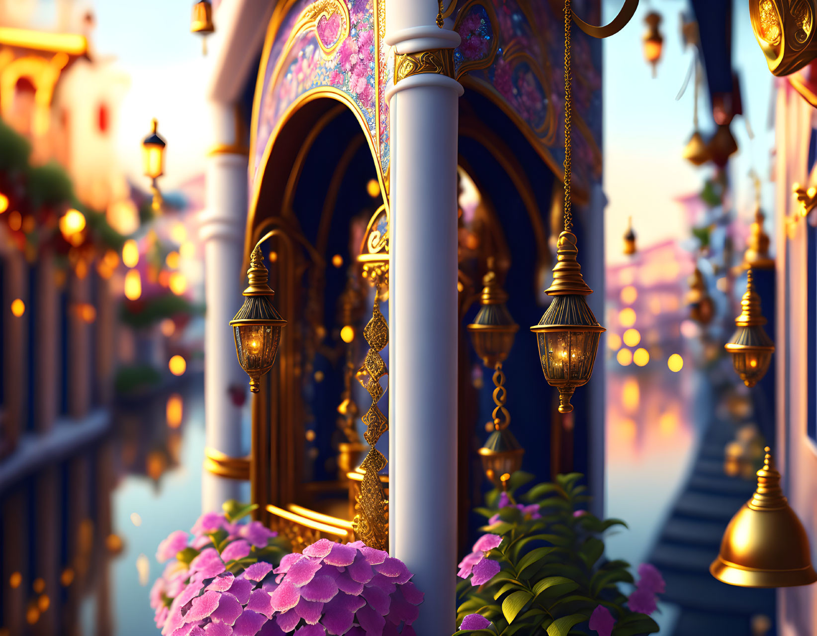 Colorful Street Scene with Ornate Lamps, Floral Architecture, and Twilight Reflections