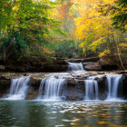 Vibrant autumn forest with cascading waterfall and sunlight filtering through foliage